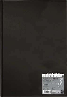 Daler-Rowney Ebony 160gsm A3 Smooth Portrait Hardbound Sketchbook, Casebound, 54 Natural White Sheets, Ideal for Professional Artists & Students