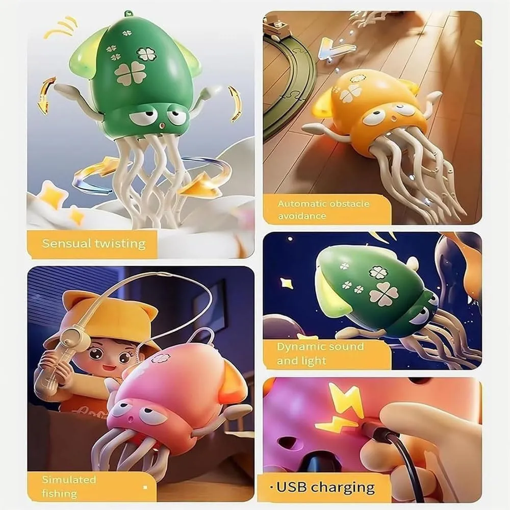 Dancing Octopus Toy, Crawling Dancing Automatic Obstacle Sensing Toy, Smart Tentacles Explorer, Wiggly Wonder Octopus, Suitable for Indoor Cats & Dogs (Yellow, with Fishing Rod)