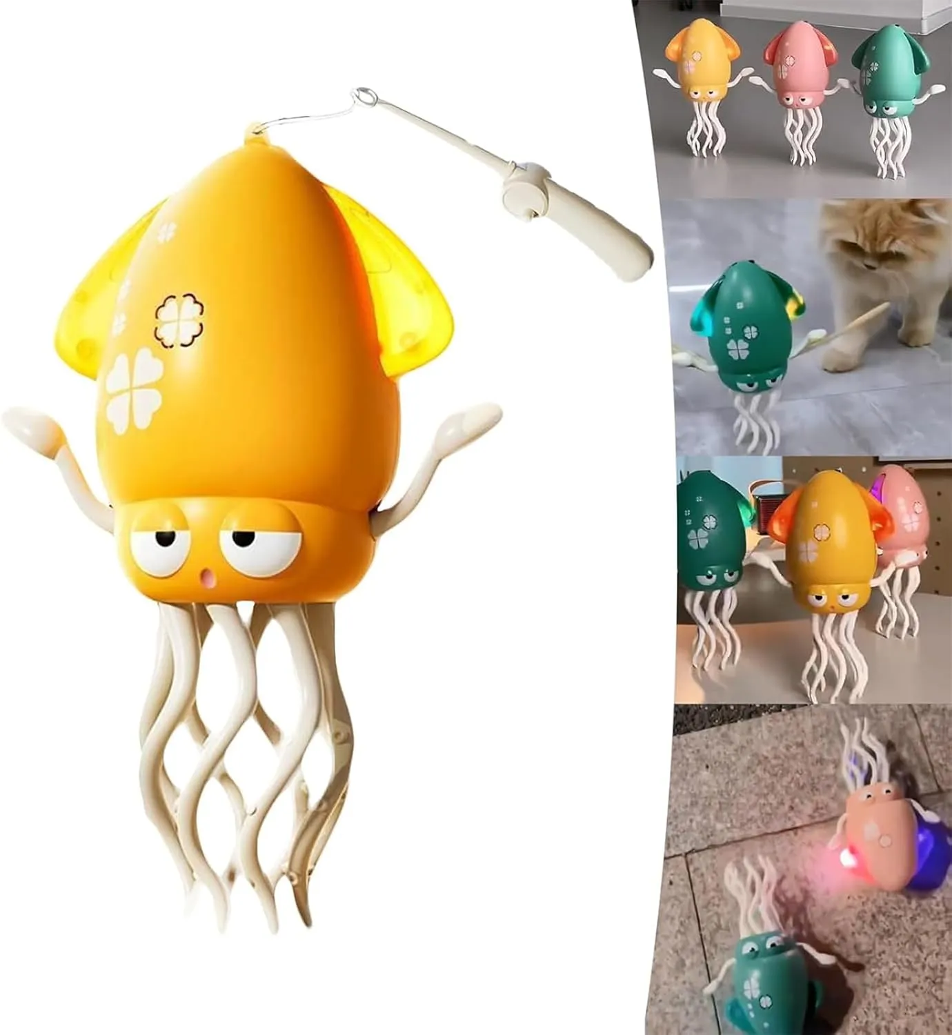 Dancing Octopus Toy, Crawling Dancing Automatic Obstacle Sensing Toy, Smart Tentacles Explorer, Wiggly Wonder Octopus, Suitable for Indoor Cats & Dogs (Yellow, with Fishing Rod)