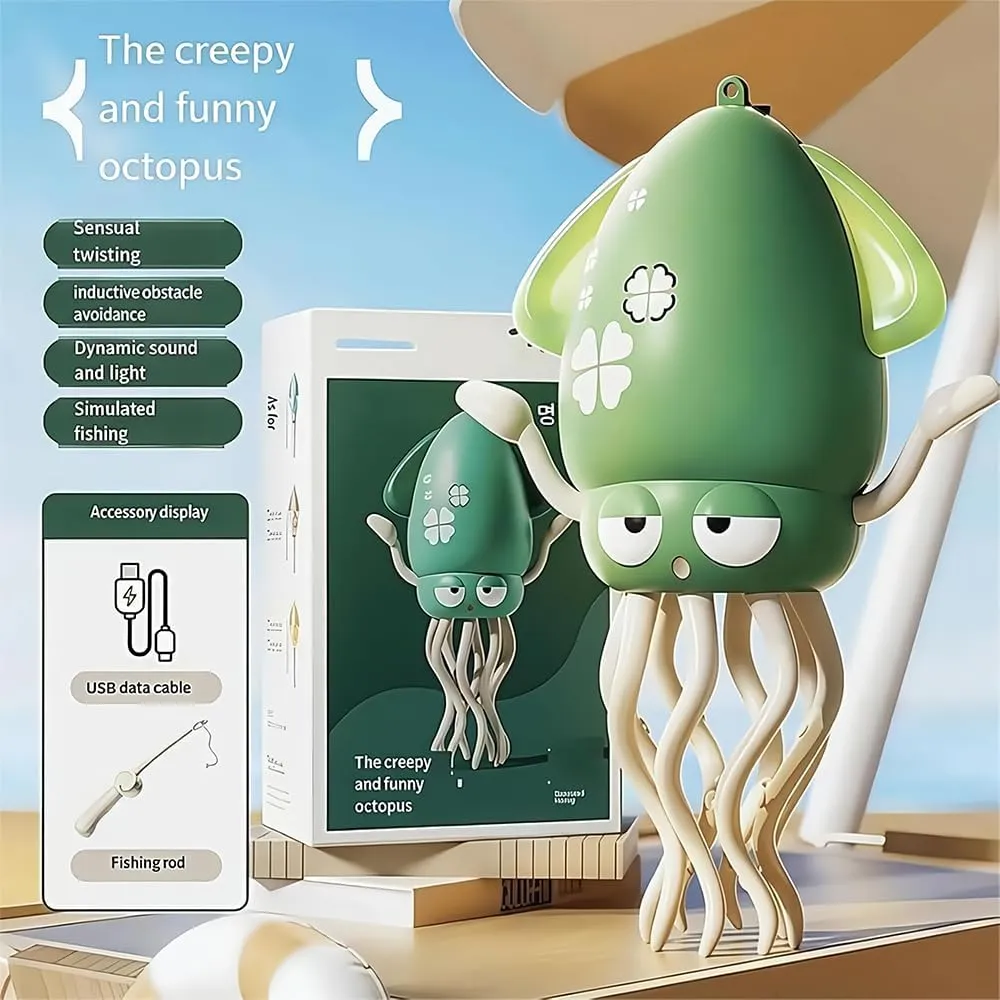 Dancing Octopus Toy, Crawling Dancing Automatic Obstacle Sensing Toy, Smart Tentacles Explorer, Wiggly Wonder Octopus, Suitable for Indoor Cats & Dogs (Yellow, with Fishing Rod)