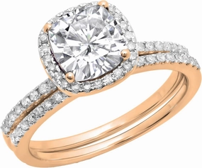 Dazzlingrock Collection Cushion Lab Created White Sapphire & Round Natural White Diamond Bridal Halo Engagement Ring Set, 10K Solid Gold