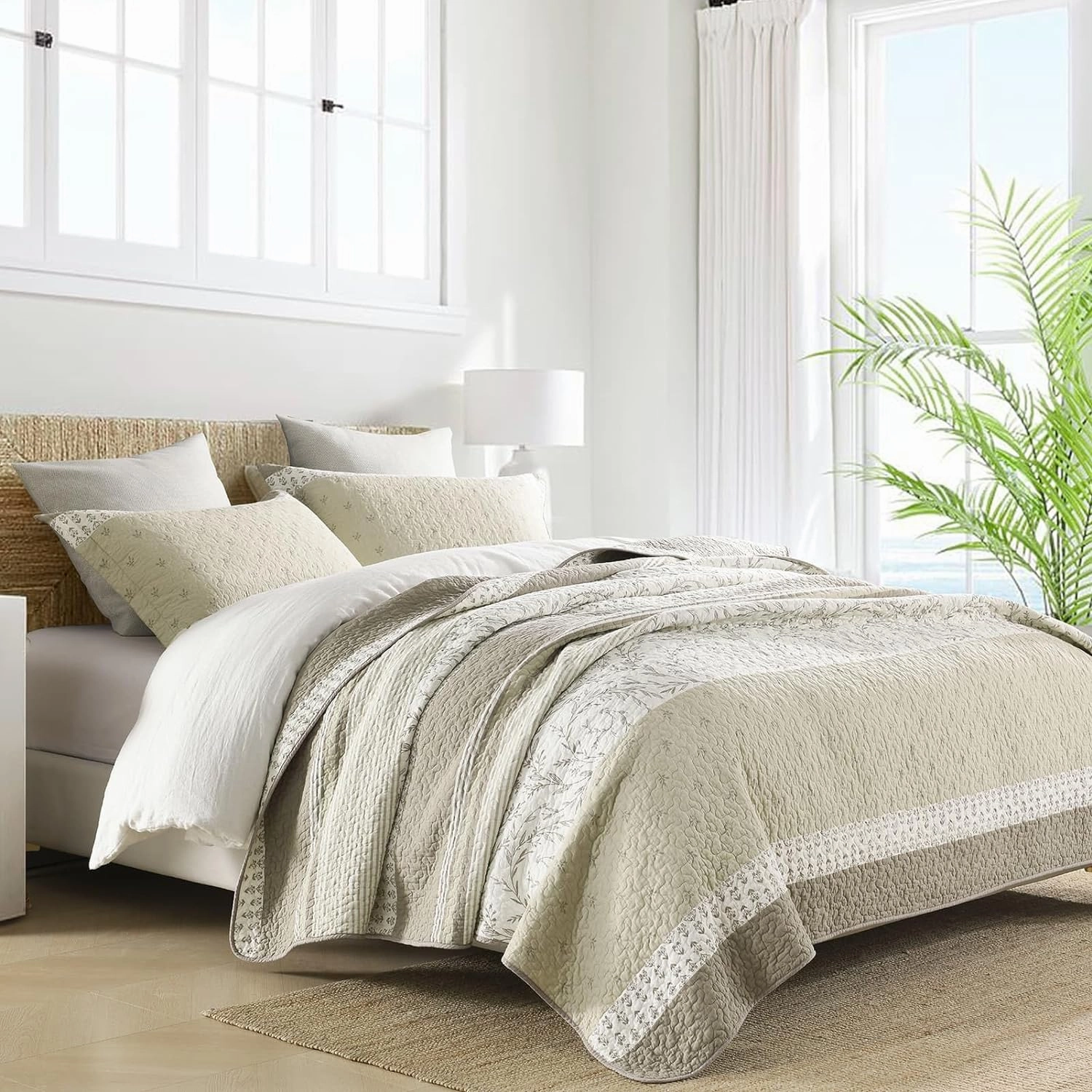 DDUOXIN 100% Cotton King Quilt - Modern Stripe King Size Quilt with 2 Pillow Shams, Bedspread Reversible Lightweight Comforter Bedding Set for All Seasons, Beige