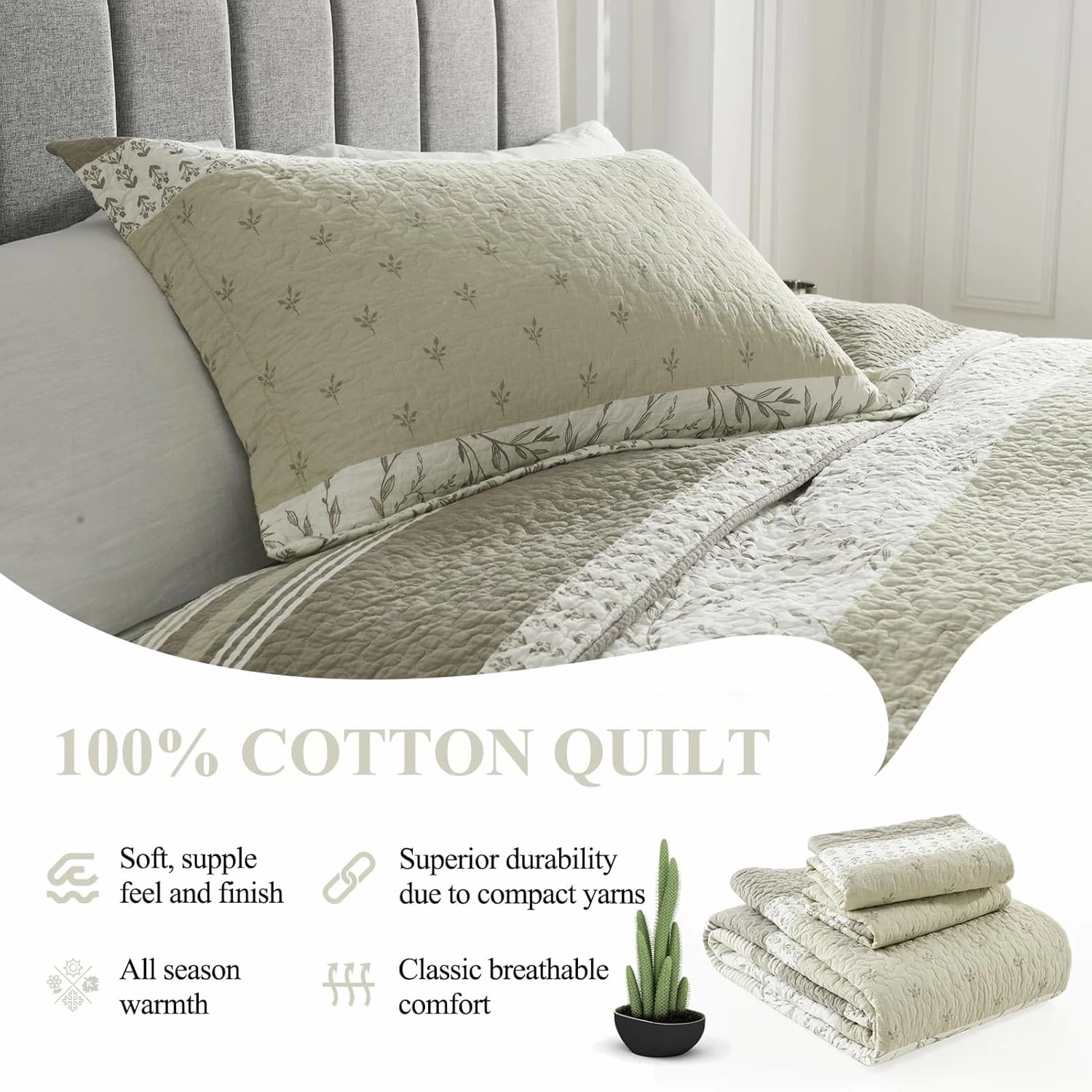 DDUOXIN 100% Cotton King Quilt - Modern Stripe King Size Quilt with 2 Pillow Shams, Bedspread Reversible Lightweight Comforter Bedding Set for All Seasons, Beige