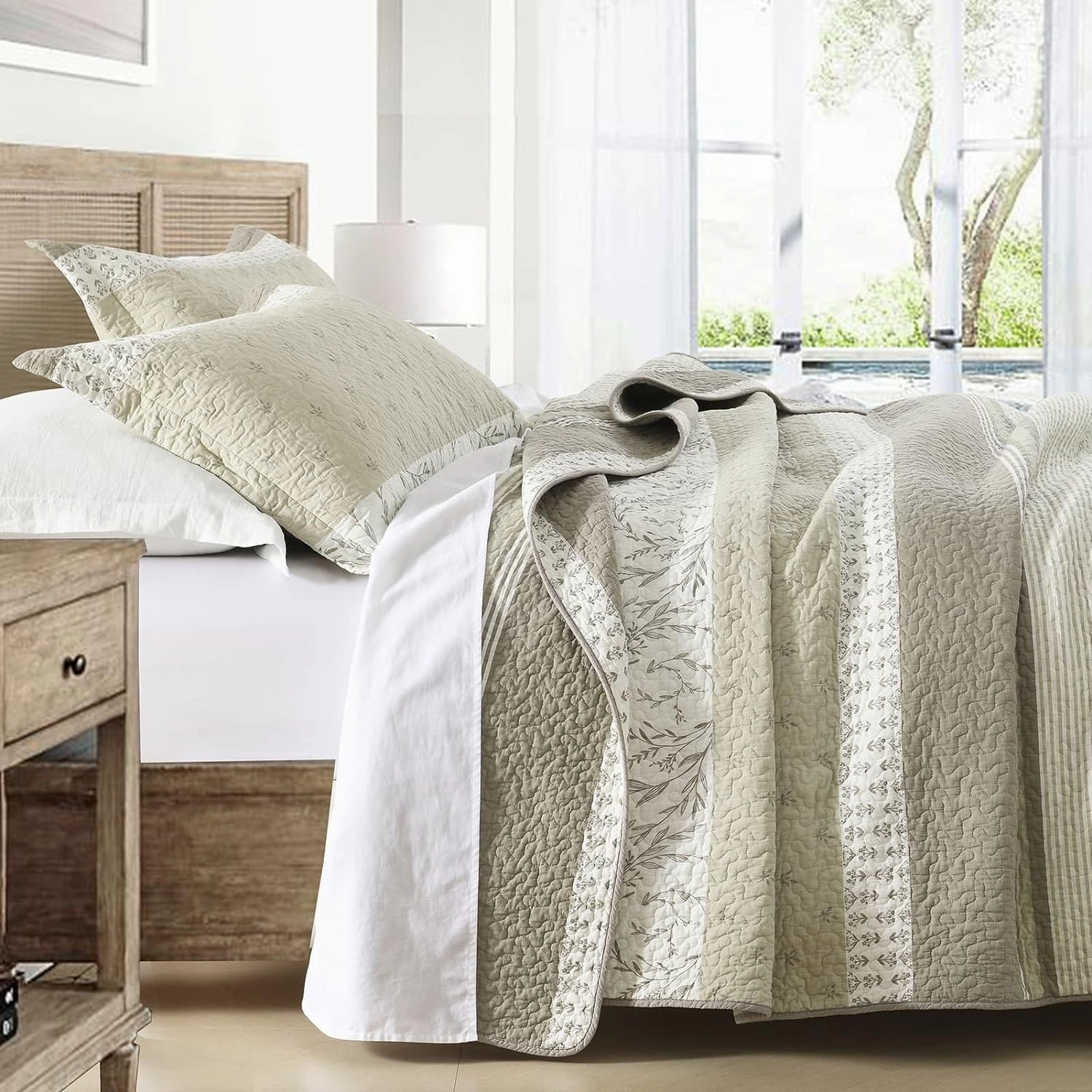 DDUOXIN 100% Cotton King Quilt - Modern Stripe King Size Quilt with 2 Pillow Shams, Bedspread Reversible Lightweight Comforter Bedding Set for All Seasons, Beige