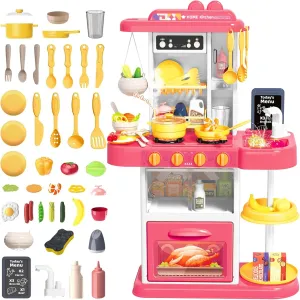 deAO Kids Kitchen Play Set, 54 PCS Kitchen Toys for Toddlers with Realistic Lights & Sounds, Play Kitchen Pretend Food Playset for Birthady Christams Gifts(Pink)