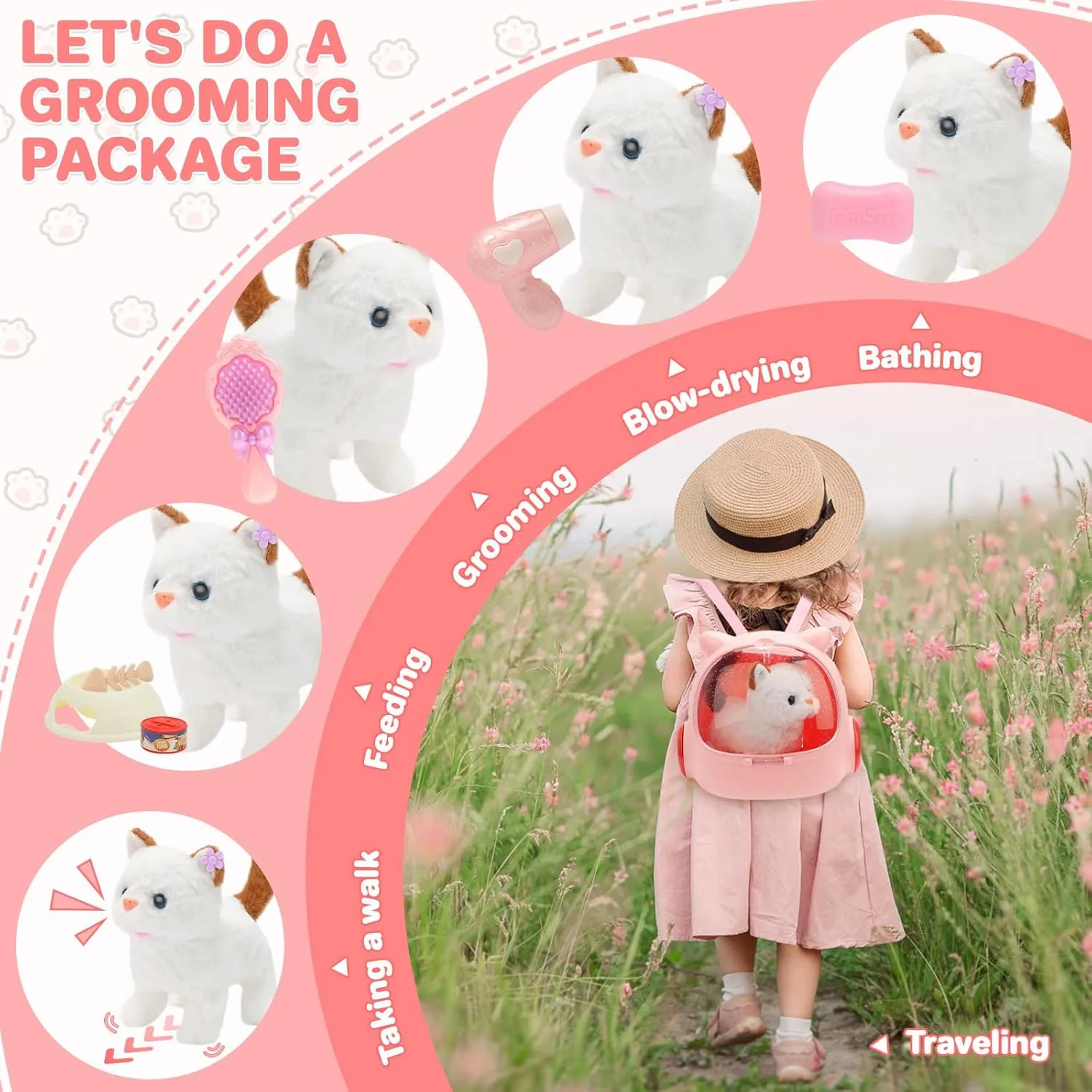 deAO Toy Cat for Kids,Remote Control Electronic Plush Stuffed Cat for Kids,Interactive Electronic Cat Toy, Barks,Walks, Groom & Feed Toys, Gifts for Girls