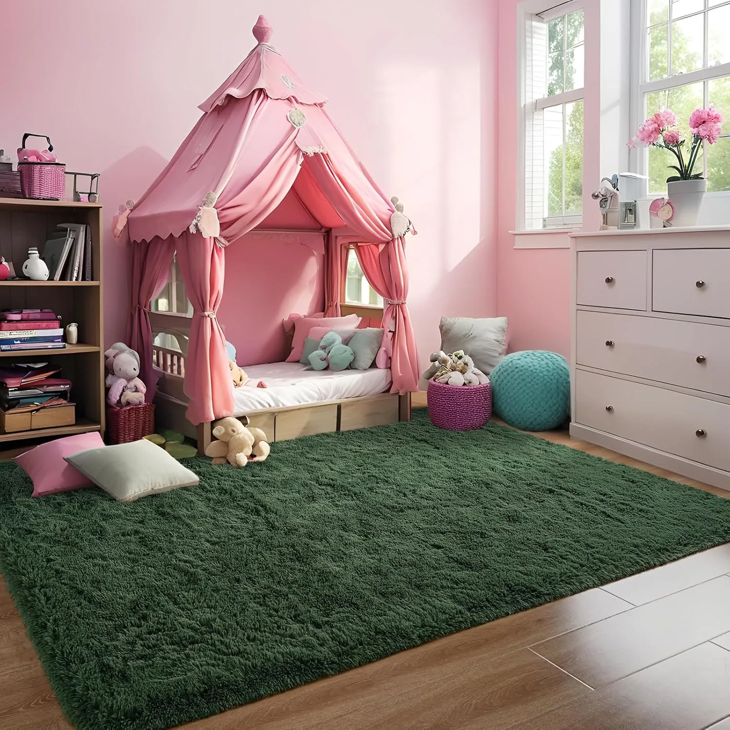 Deep Green Area Rugs Fluffy Rug for Bedroom Living Room, 4x6 Feet Indoor Shaggy Carpets, Plush Soft Rug for Kids Room, Furry Rug for Girls Boys Playroom Nursery Room Home Decor