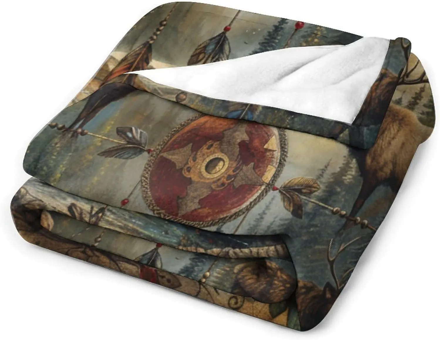 Deer Dream Catcher Throw Blanket, Soft Cozy Warm Retro Rustic Jungle Stream Flannel Blankets for Sofa Couch Bed, 50x70 Inch