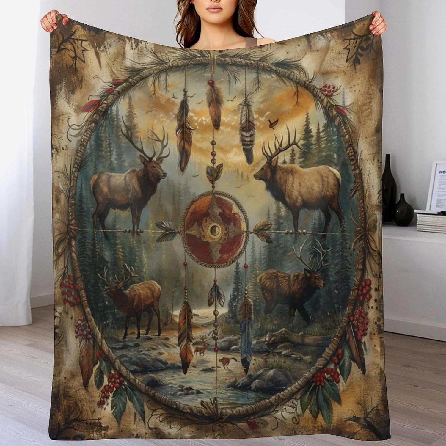 Deer Dream Catcher Throw Blanket, Soft Cozy Warm Retro Rustic Jungle Stream Flannel Blankets for Sofa Couch Bed, 50x70 Inch