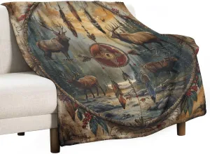 Deer Dream Catcher Throw Blanket, Soft Cozy Warm Retro Rustic Jungle Stream Flannel Blankets for Sofa Couch Bed, 50x70 Inch