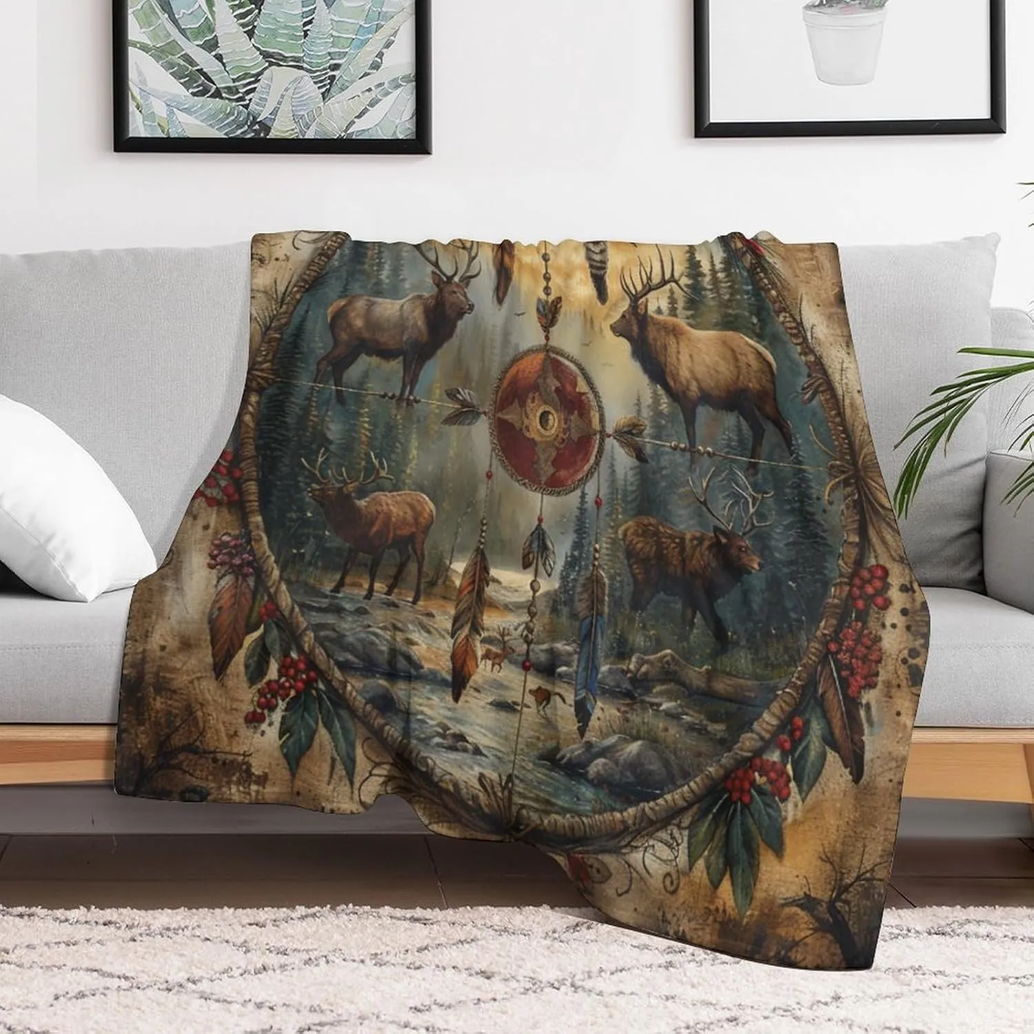 Deer Dream Catcher Throw Blanket, Soft Cozy Warm Retro Rustic Jungle Stream Flannel Blankets for Sofa Couch Bed, 50x70 Inch
