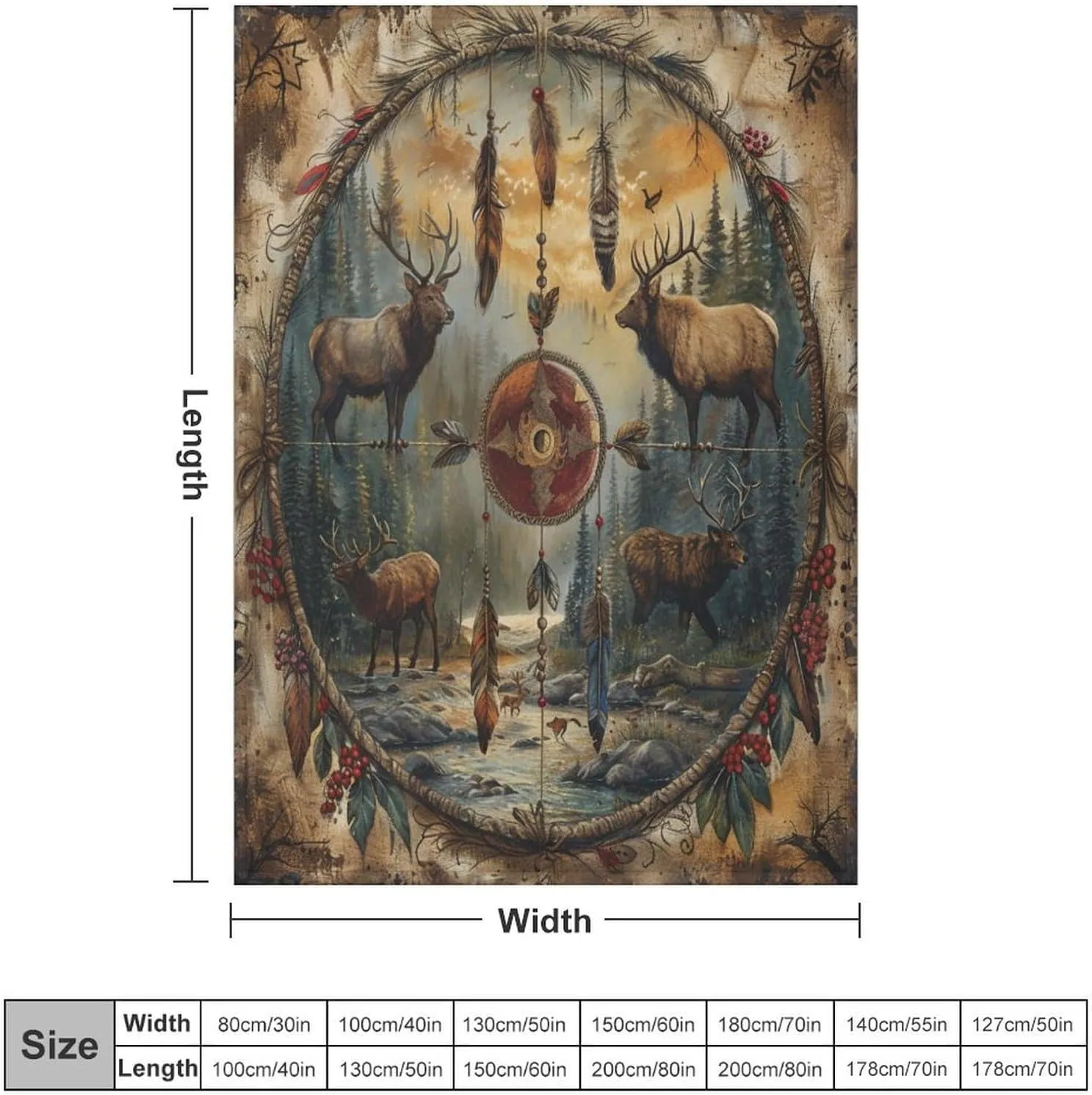 Deer Dream Catcher Throw Blanket, Soft Cozy Warm Retro Rustic Jungle Stream Flannel Blankets for Sofa Couch Bed, 50x70 Inch