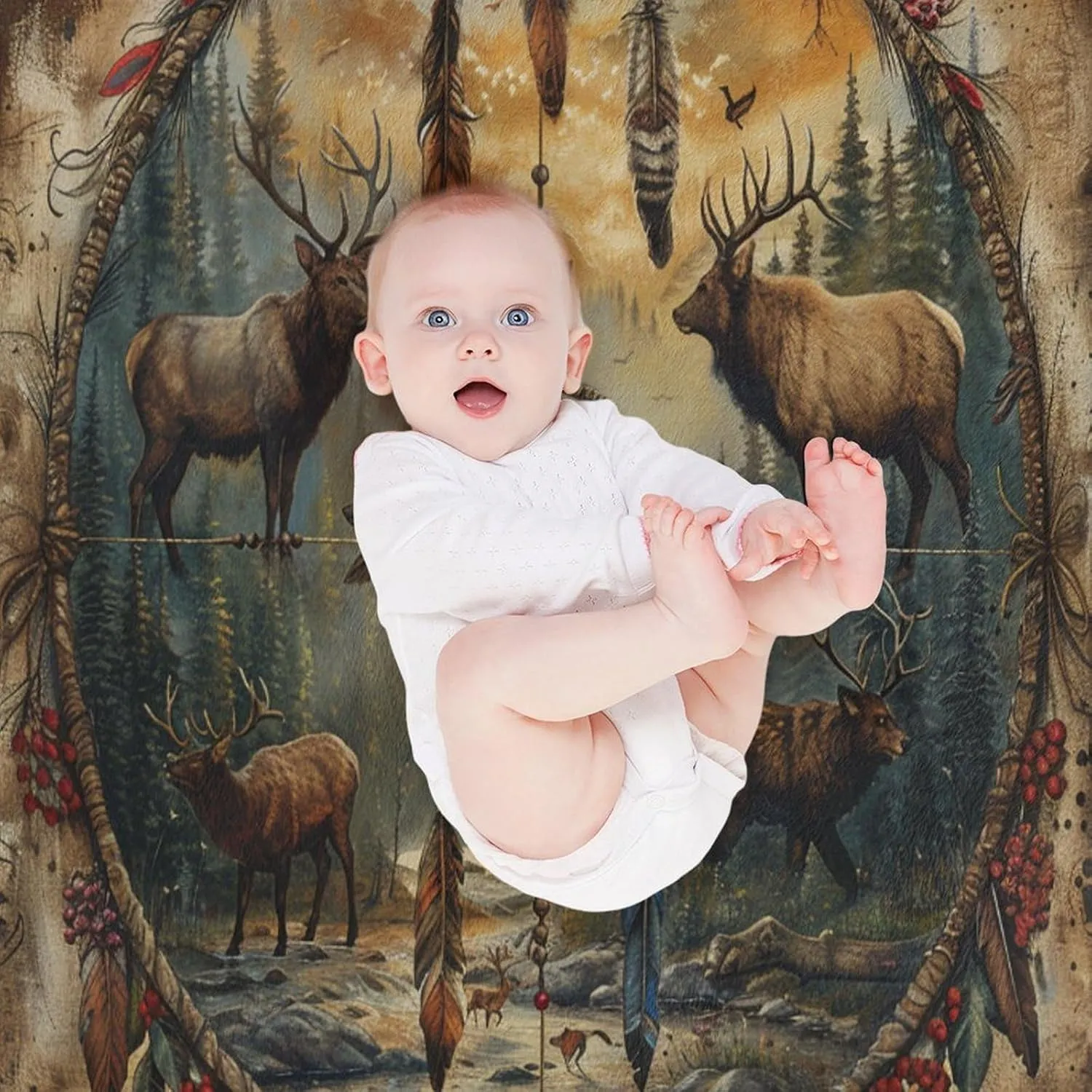 Deer Dream Catcher Throw Blanket, Soft Cozy Warm Retro Rustic Jungle Stream Flannel Blankets for Sofa Couch Bed, 50x70 Inch
