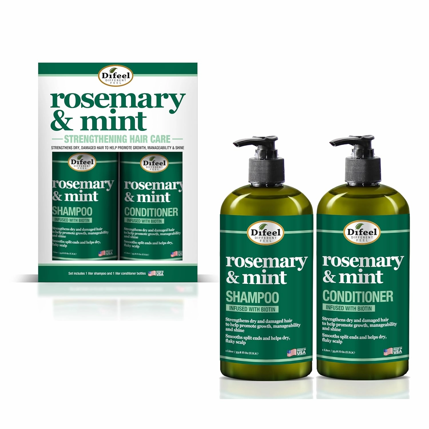 Difeel Rosemary and Mint Hair Strengthening Shampoo 33.8oz & Conditioner with Biotin 33.8oz - 2-PC Boxed Gift Set - Shampoo & Conditioner, Paraben Free