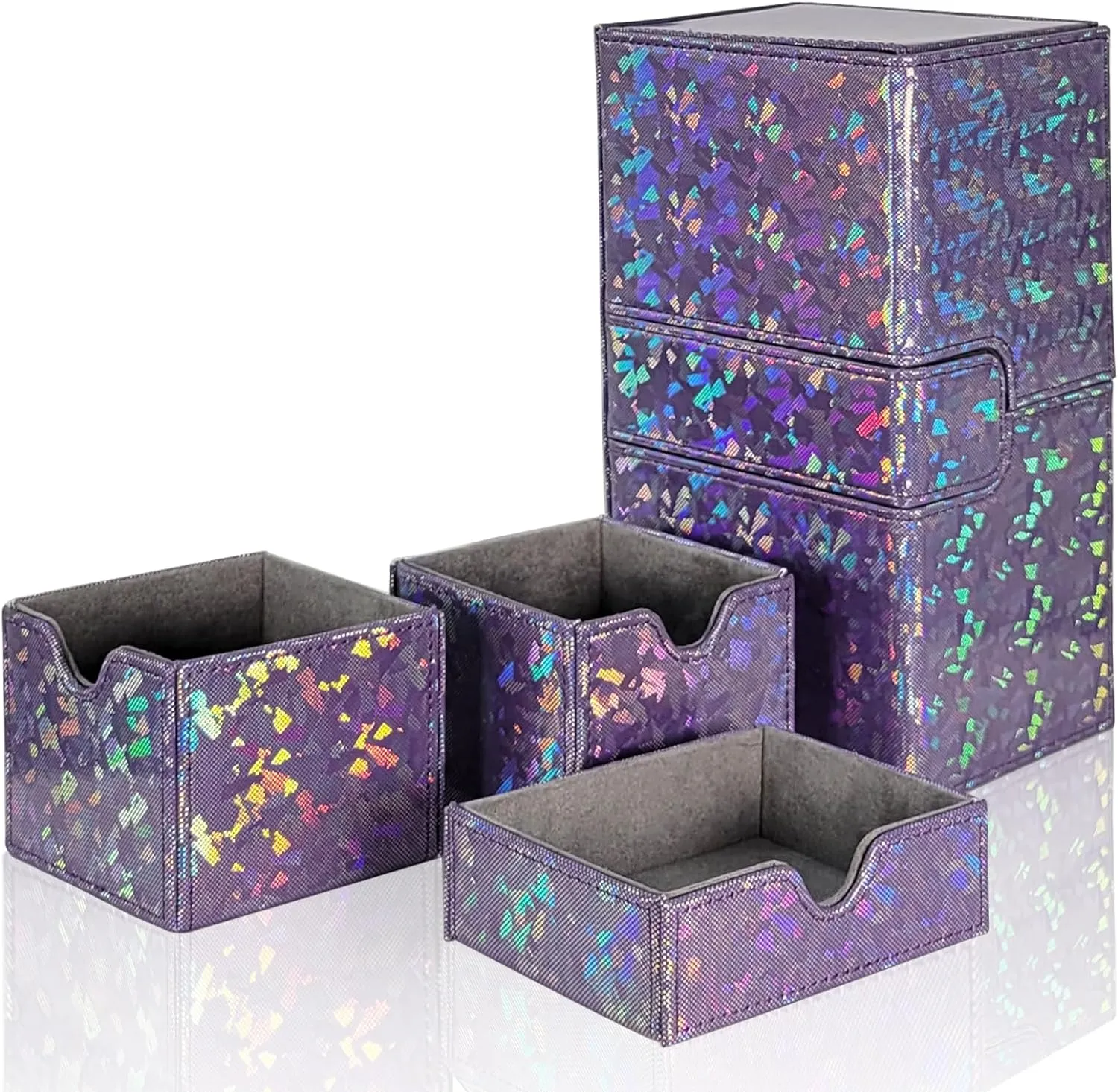 Dmoicols Card Deck Box for 200  Sleeved Cards, Laser Leather Trading Card Storage Case with 1 Dice Tray & 2 Card Trays Commander Deck Box fit YuGiOh/TCG/MTG/Magic/CCG(3 Drawers Sparkly Purple)