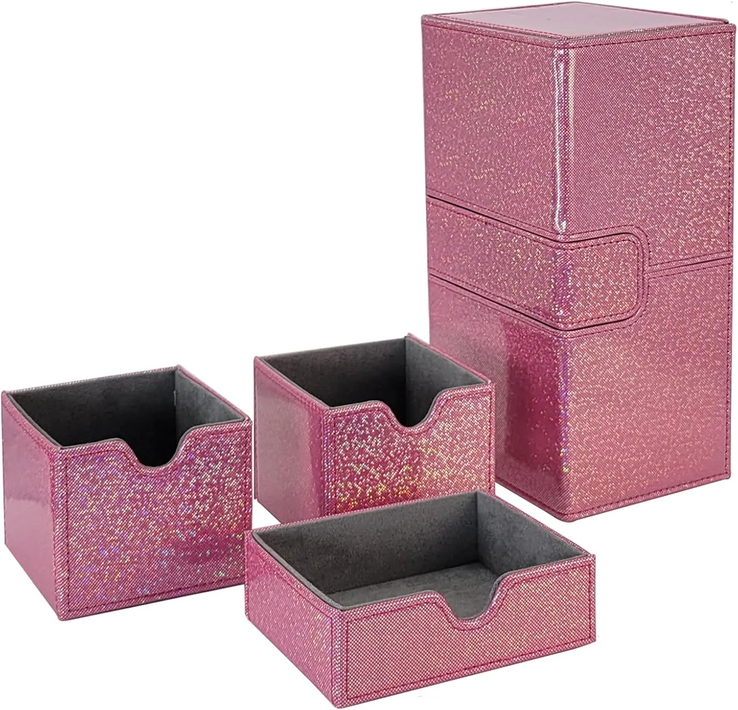 Dmoicols Card Deck Box for 200  Sleeved Cards, Laser Leather Trading Card Storage Case with 1 Dice Tray & 2 Card Trays Commander Deck Box fit YuGiOh/TCG/MTG/Magic/CCG(3 Drawers Sparkly Rose Red)