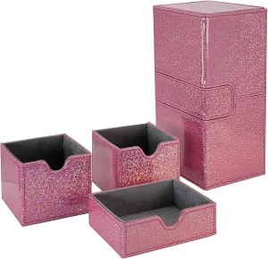 Dmoicols Card Deck Box for 200  Sleeved Cards, Laser Leather Trading Card Storage Case with 1 Dice Tray & 2 Card Trays Commander Deck Box fit YuGiOh/TCG/MTG/Magic/CCG(3 Drawers Sparkly Rose Red)