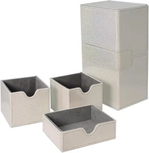 Dmoicols Card Deck Box for 200  Sleeved Cards, Laser Leather Trading Card Storage Case with 1 Dice Tray & 2 Card Trays Commander Deck Box fit YuGiOh/TCG/MTG/Magic/CCG(3 Drawers Sparkly White)