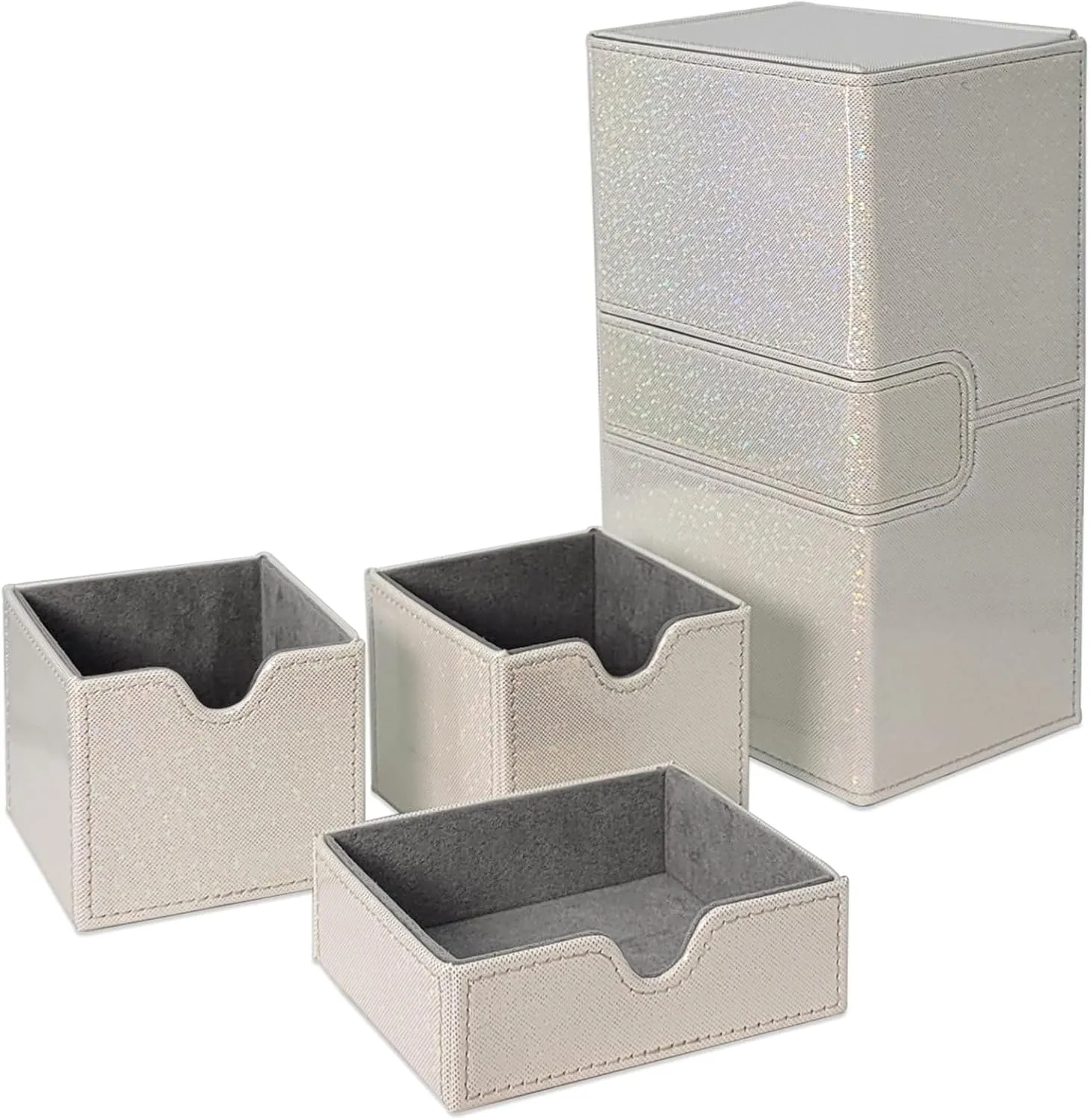 Dmoicols Card Deck Box for 200  Sleeved Cards, Laser Leather Trading Card Storage Case with 1 Dice Tray & 2 Card Trays Commander Deck Box fit YuGiOh/TCG/MTG/Magic/CCG(3 Drawers Sparkly White)