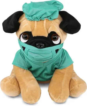 DolliBu Pug Dog Doctor Plush Toy - Super Soft Pug Dog Doctor Stuffed Animal Dress Up with Cute Scrub Uniform & Cap Outfit - Fluffy Doctor Toy Plush Gift with Personalization - 10 Inches