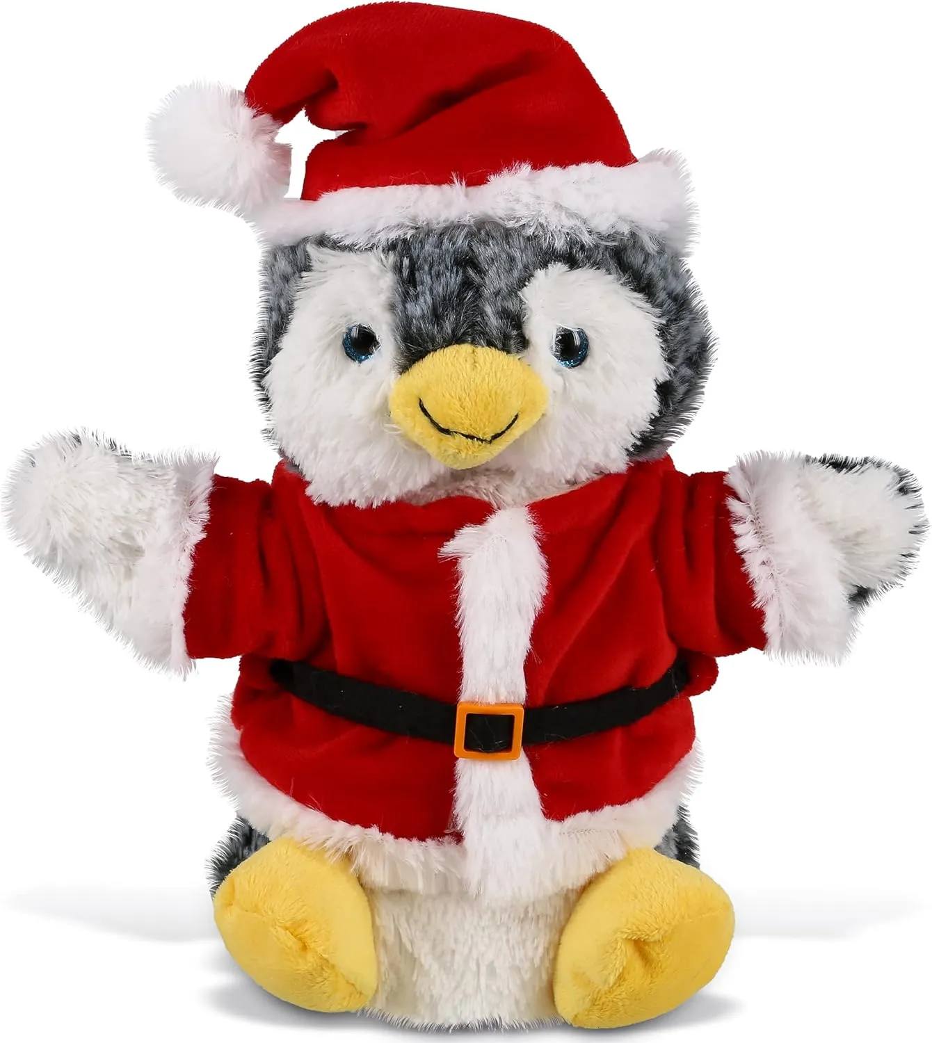 DolliBu Santa Penguin Stuffed Animal Plush Hand Puppet - Super Soft Wild Animal Dress Up with Red Santa Claus Outfit, Perfect Holiday with Name Personalization - 8.5 Inches