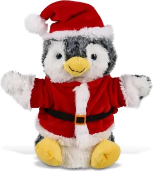 DolliBu Santa Penguin Stuffed Animal Plush Hand Puppet - Super Soft Wild Animal Dress Up with Red Santa Claus Outfit, Perfect Holiday with Name Personalization - 8.5 Inches