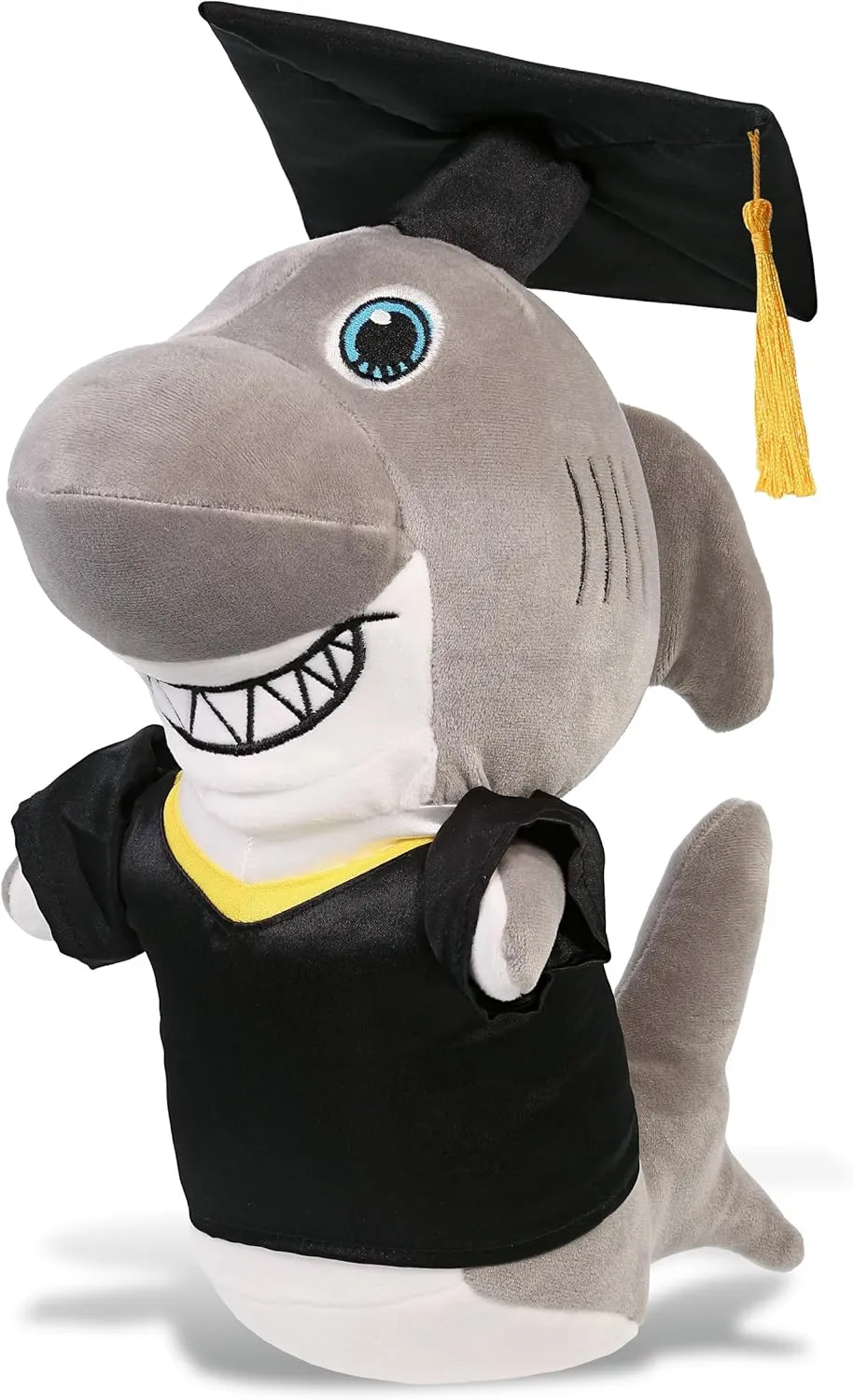 DolliBu Standing Shark Graduation Plush Toy - Snug-Mooshies Shark Plush Graduation Stuffed Animal Dress Up with Graduation Gown and Cap with Tassel Outfit - Congratulatory Graduation Gift - 8 Inches