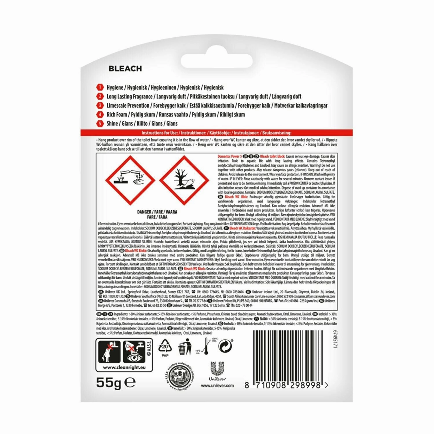 Domestos Power 5 Toilet Rim Block, 9 Pack, 55g