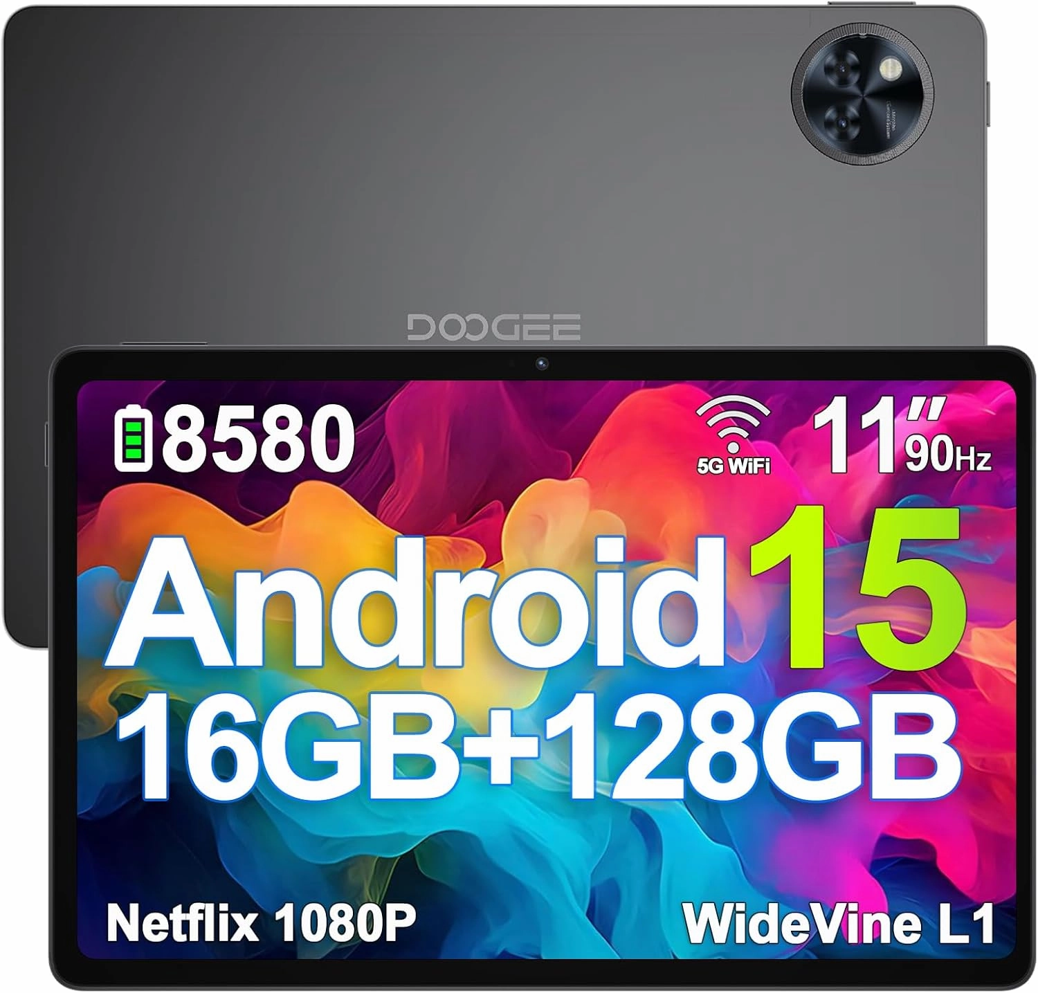 DOOGEE U11(2025) Android 15 Tablet, 11 inch Tablet 16GB 128GB/2TB TF Octa-Core 90Hz Display, 8580mAh, Netflix 1080P,Bluetooth 5.0 5G WiFi Tablets, 13MP 5MP, Face ID,Metal Body-Black