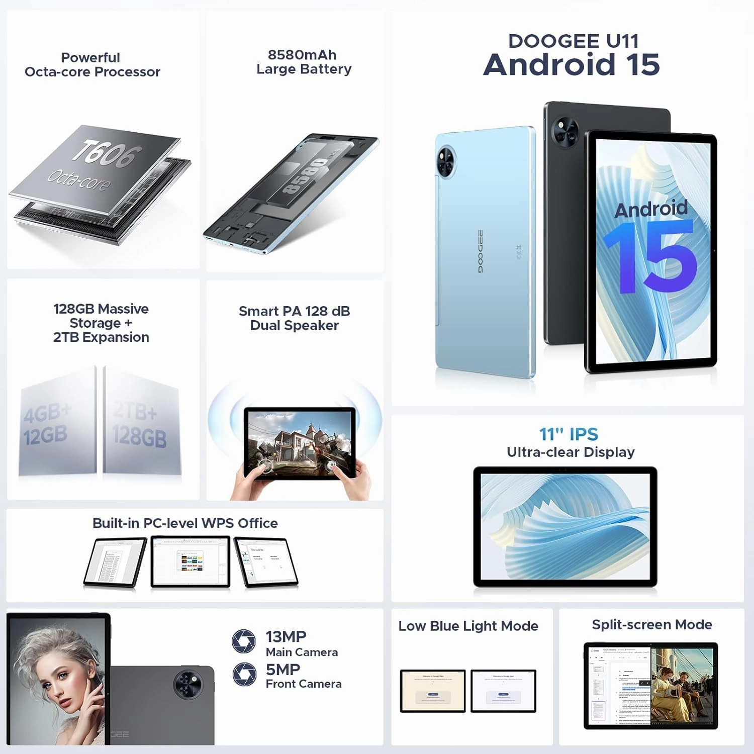 DOOGEE U11(2025) Android 15 Tablet, 11 inch Tablet 16GB 128GB/2TB TF Octa-Core 90Hz Display, 8580mAh, Netflix 1080P,Bluetooth 5.0 5G WiFi Tablets, 13MP 5MP, Face ID,Metal Body-Black