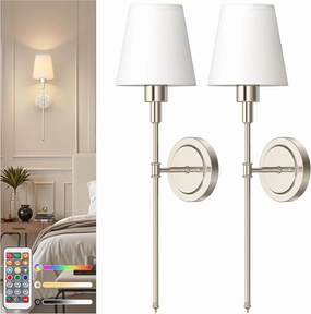 DORESshop Battery Operated Wall Sconce Set of 2, Wireless Wall Light Easy to Install, 7 Color Rechargeable Wall Sconces, Sconce Wall Decor Set of 2 for Bedroom, Living Room, Nickel, 24.6in