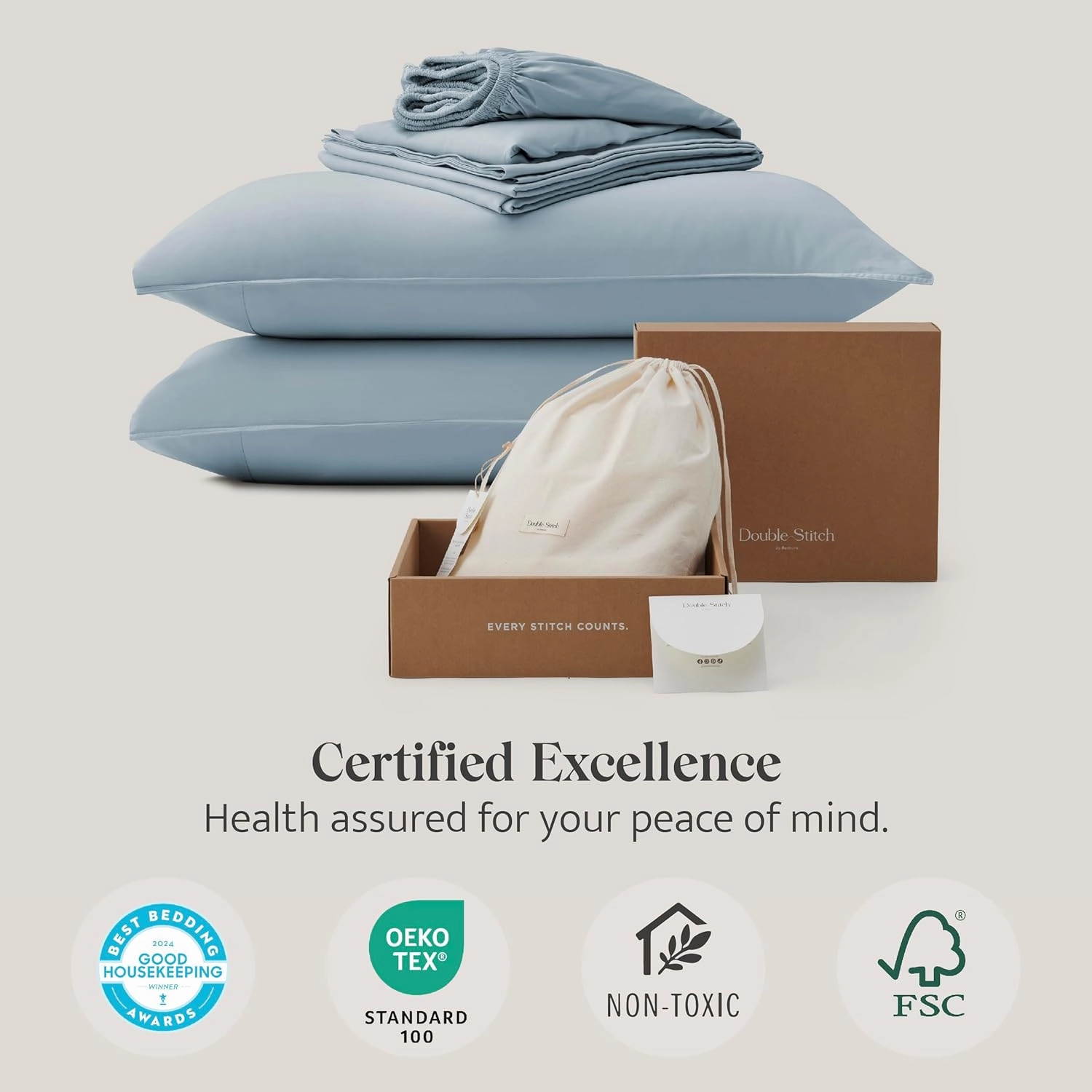 Double Stitch Cotton Tencel Sheet - Bed Sheets Set King Size, 4Pc Luxury Hotel Bedding Set, Soft, Cooling & Breathable for Hot Sleepers, Deep Pocket Up to 16 Inches, Sterling Blue