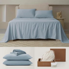 Double Stitch Cotton Tencel Sheet - Bed Sheets Set King Size, 4Pc Luxury Hotel Bedding Set, Soft, Cooling & Breathable for Hot Sleepers, Deep Pocket Up to 16 Inches, Sterling Blue
