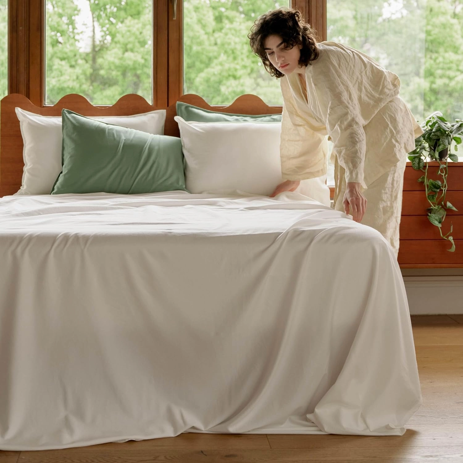 Double Stitch Cotton Tencel Sheet - Bed Sheets Set Queen Size, 4Pc Luxury Hotel Bedding Set, Soft, Cooling & Breathable for Hot Sleepers, Deep Pocket Up to 16 Inches, Cream