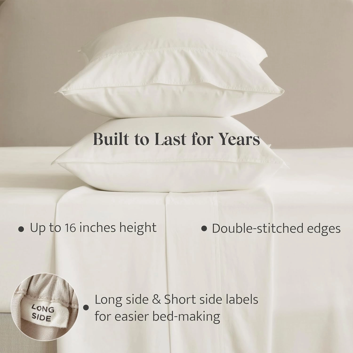 Double Stitch Cotton Tencel Sheet - Bed Sheets Set Queen Size, 4Pc Luxury Hotel Bedding Set, Soft, Cooling & Breathable for Hot Sleepers, Deep Pocket Up to 16 Inches, Cream