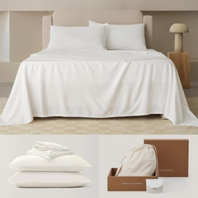Double Stitch Cotton Tencel Sheet - Bed Sheets Set Queen Size, 4Pc Luxury Hotel Bedding Set, Soft, Cooling & Breathable for Hot Sleepers, Deep Pocket Up to 16 Inches, Cream