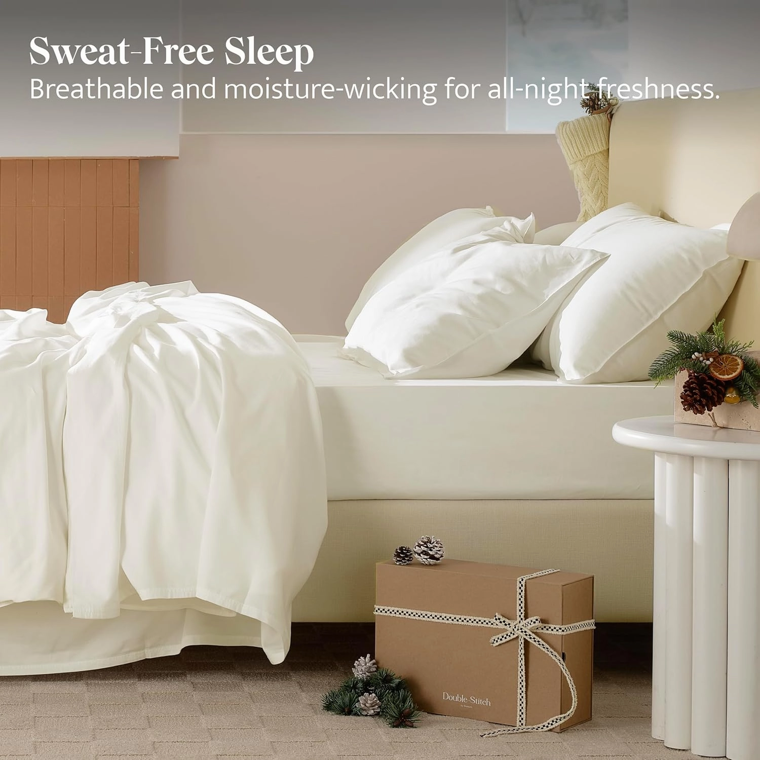 Double Stitch Cotton Tencel Sheet - Bed Sheets Set Queen Size, 4Pc Luxury Hotel Bedding Set, Soft, Cooling & Breathable for Hot Sleepers, Deep Pocket Up to 16 Inches, Cream
