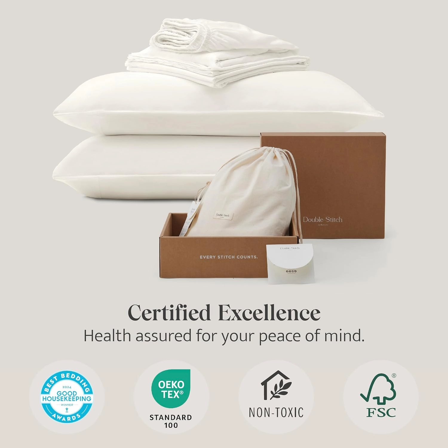 Double Stitch Cotton Tencel Sheet - Bed Sheets Set Queen Size, 4Pc Luxury Hotel Bedding Set, Soft, Cooling & Breathable for Hot Sleepers, Deep Pocket Up to 16 Inches, Cream