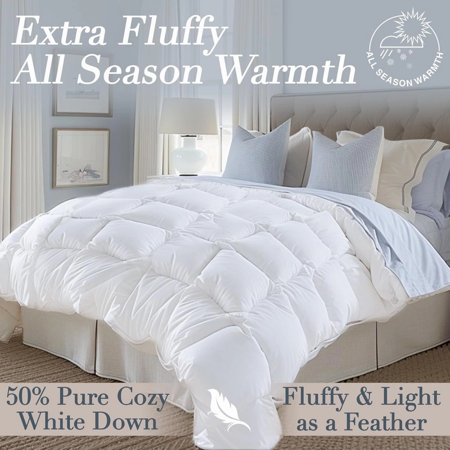Down Comforter California King Size Extra Fluffy | Luxury All Season Duck Down Duvet Insert | 750 Fill Power | Hotel Collection | Solid White (104 x 96 inches)