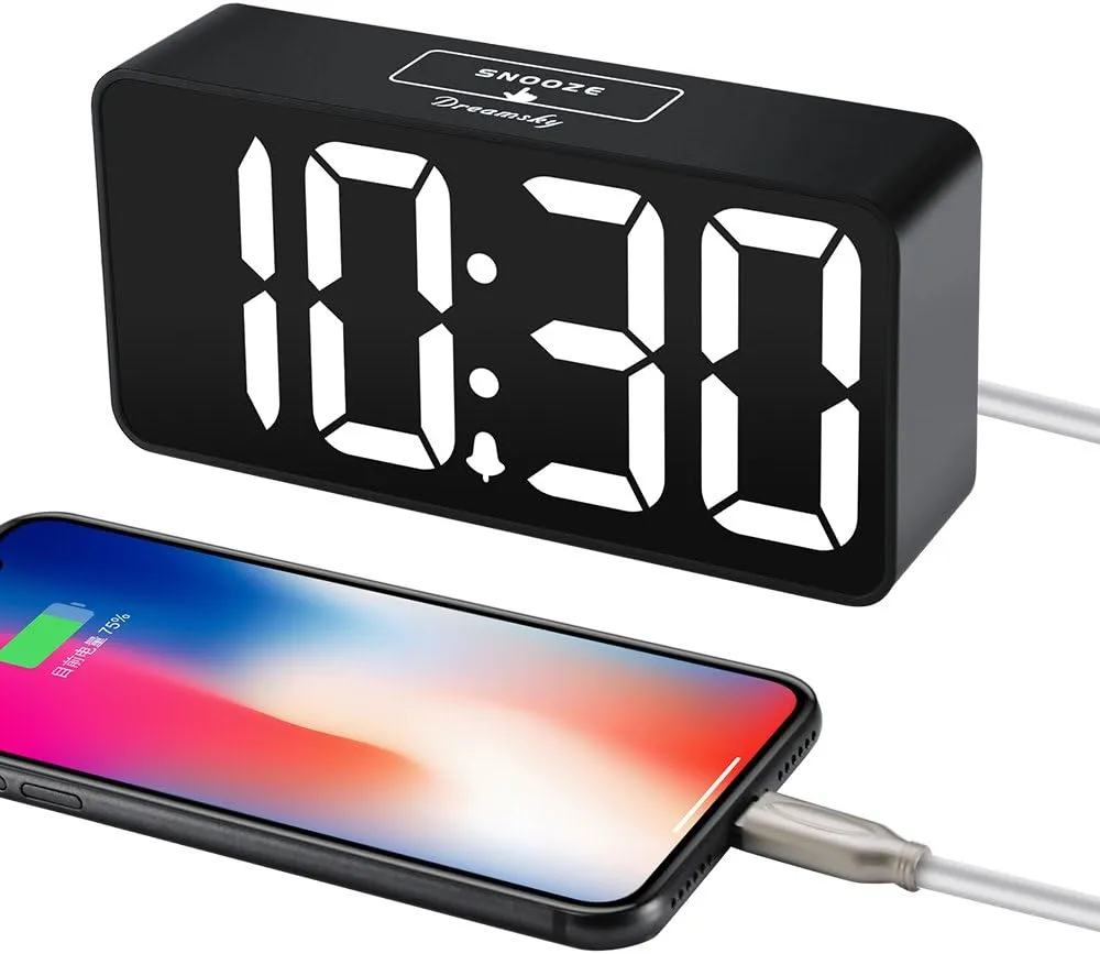 DreamSky Small Digital Alarm Clock for Bederoom, Large Big Numbers Display with Brightness Dimmer, Electric Bedside Desk Clock with USB Charging Port, Adjustable Alarm Volume, USB-C Adapter Powered