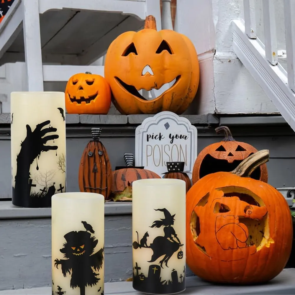 DRomance Halloween LED Flameless Pillar Candles Battery Operated Remote and Timer Real Wax Yellow Light Flickering Scarecrow Witch Ghost Hand Decals Halloween Candles Decoration Gifts(3 x 6 Inches)