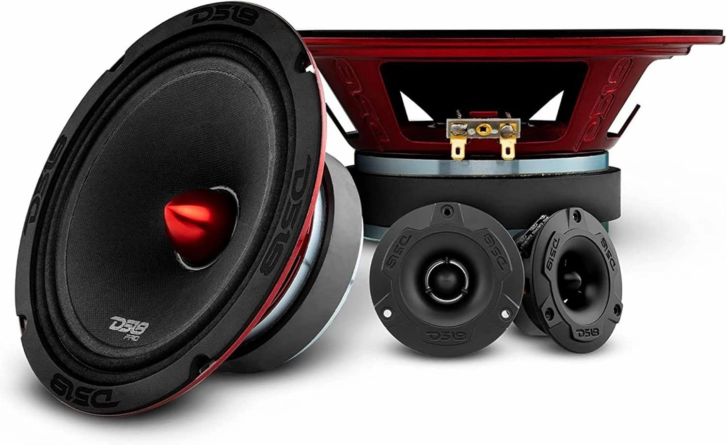 DS18 Mid and High Car Speaker Package - 2X 6.5" Midrange, 2X 1" Tweeters, Built-in Crossover