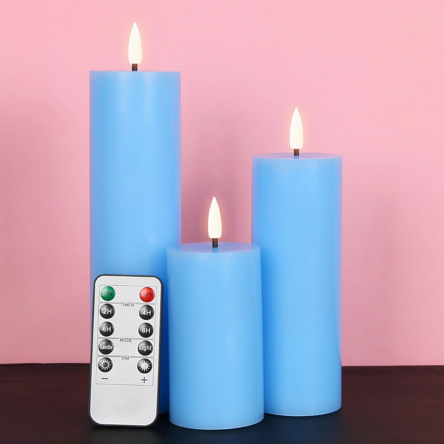 duduta Slim Tall Blue Flameless Pillar Candles with Remote, Real Wax Flickering Battery LED Candles Set of 3 Φ 2" H 4" 6" 8"