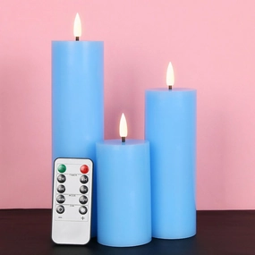duduta Slim Tall Blue Flameless Pillar Candles with Remote, Real Wax Flickering Battery LED Candles Set of 3 Φ 2" H 4" 6" 8"