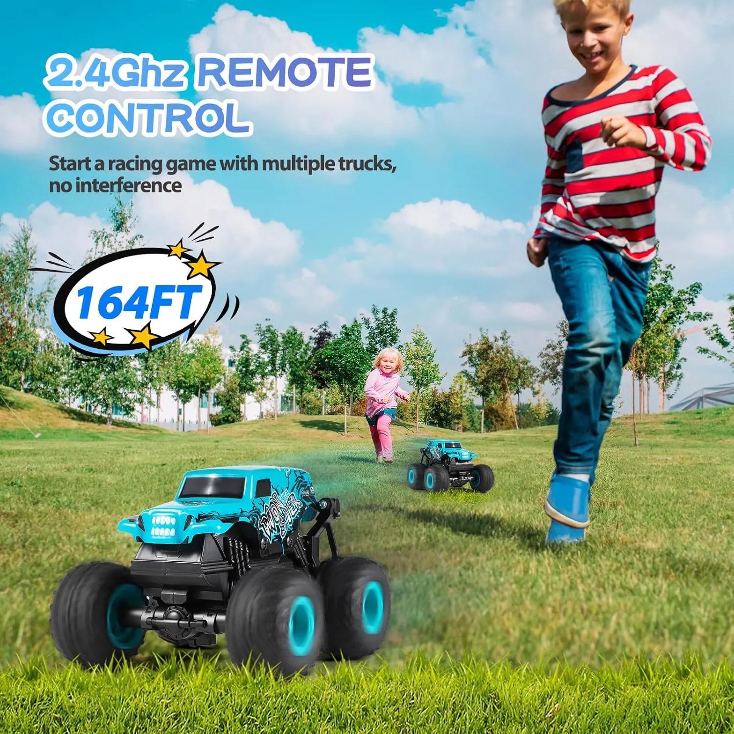 DYODYORC Remote Control Car, 2.4Ghz All Terrain Monster Truck Toys, RC Truck with Music, 3 Lighting Effects, 360 Stunt Capable, All Included Ready to Run, Toy Gifts for Boys and Girls (Blue)