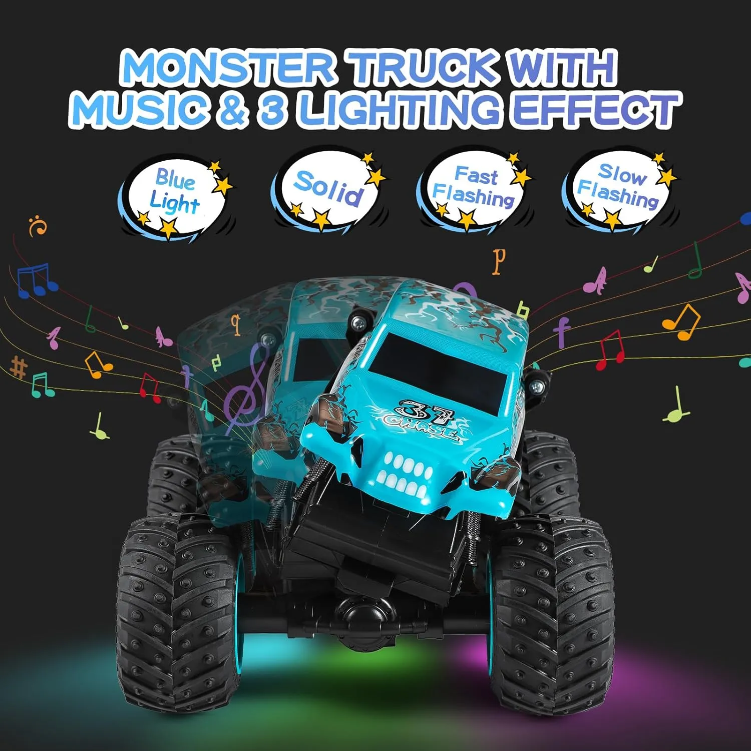 DYODYORC Remote Control Car, 2.4Ghz All Terrain Monster Truck Toys, RC Truck with Music, 3 Lighting Effects, 360 Stunt Capable, All Included Ready to Run, Toy Gifts for Boys and Girls (Blue)