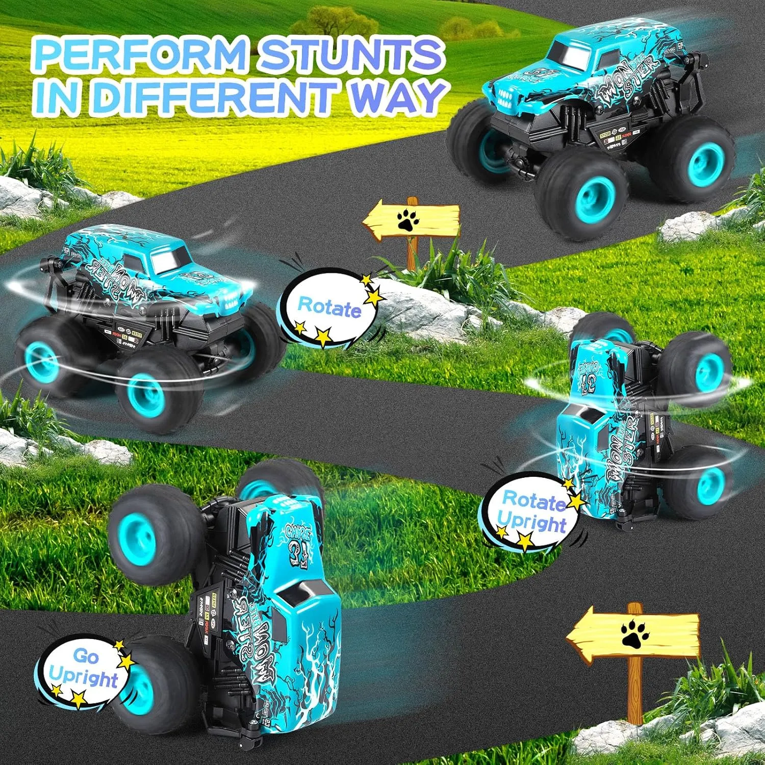 DYODYORC Remote Control Car, 2.4Ghz All Terrain Monster Truck Toys, RC Truck with Music, 3 Lighting Effects, 360 Stunt Capable, All Included Ready to Run, Toy Gifts for Boys and Girls (Blue)