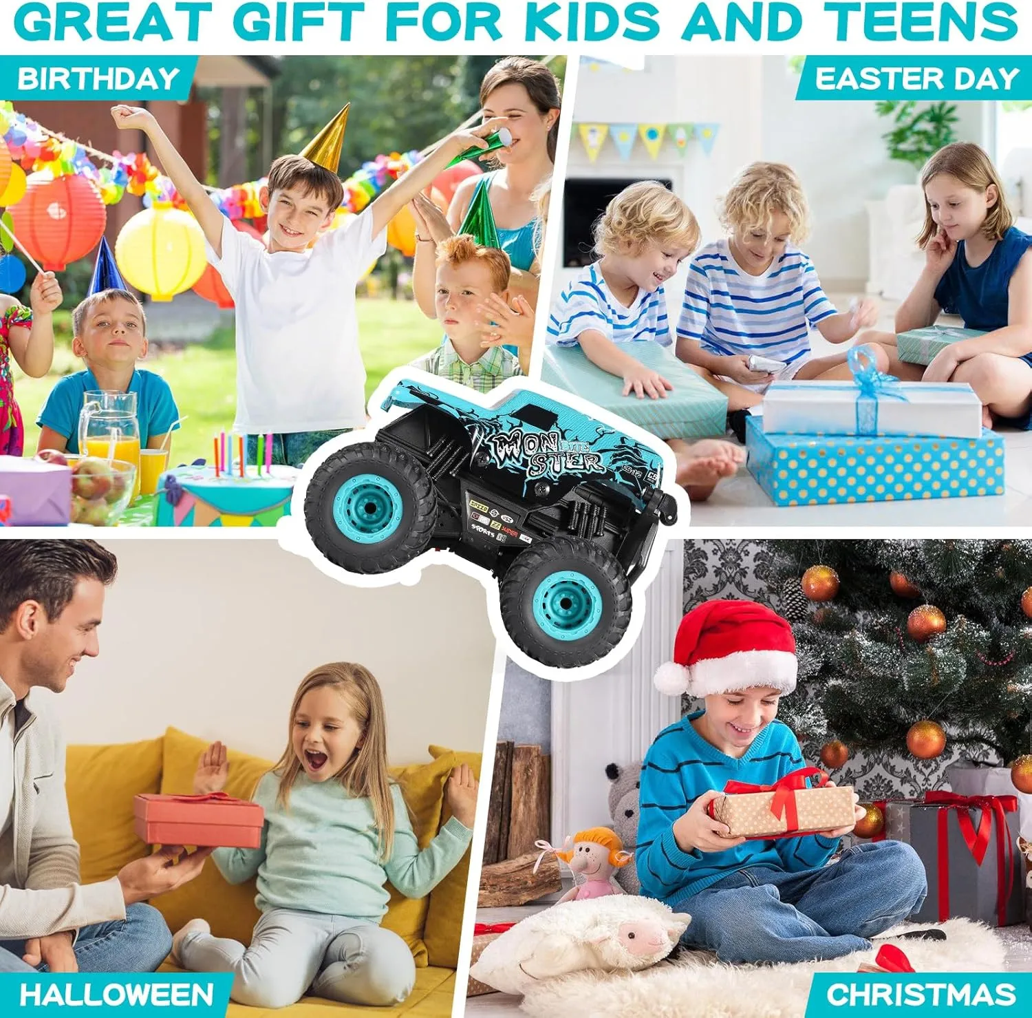 DYODYORC Remote Control Car, 2.4Ghz All Terrain Monster Truck Toys, RC Truck with Music, 3 Lighting Effects, 360 Stunt Capable, All Included Ready to Run, Toy Gifts for Boys and Girls (Blue)