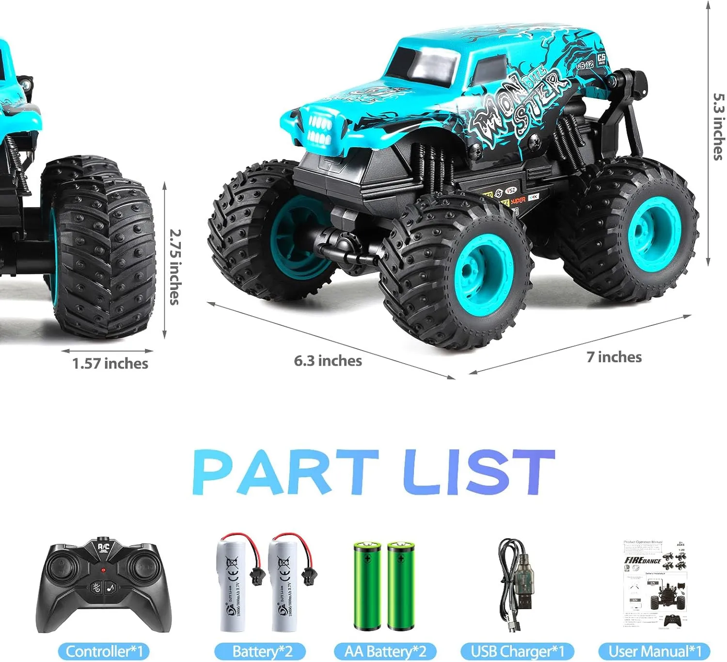 DYODYORC Remote Control Car, 2.4Ghz All Terrain Monster Truck Toys, RC Truck with Music, 3 Lighting Effects, 360 Stunt Capable, All Included Ready to Run, Toy Gifts for Boys and Girls (Blue)