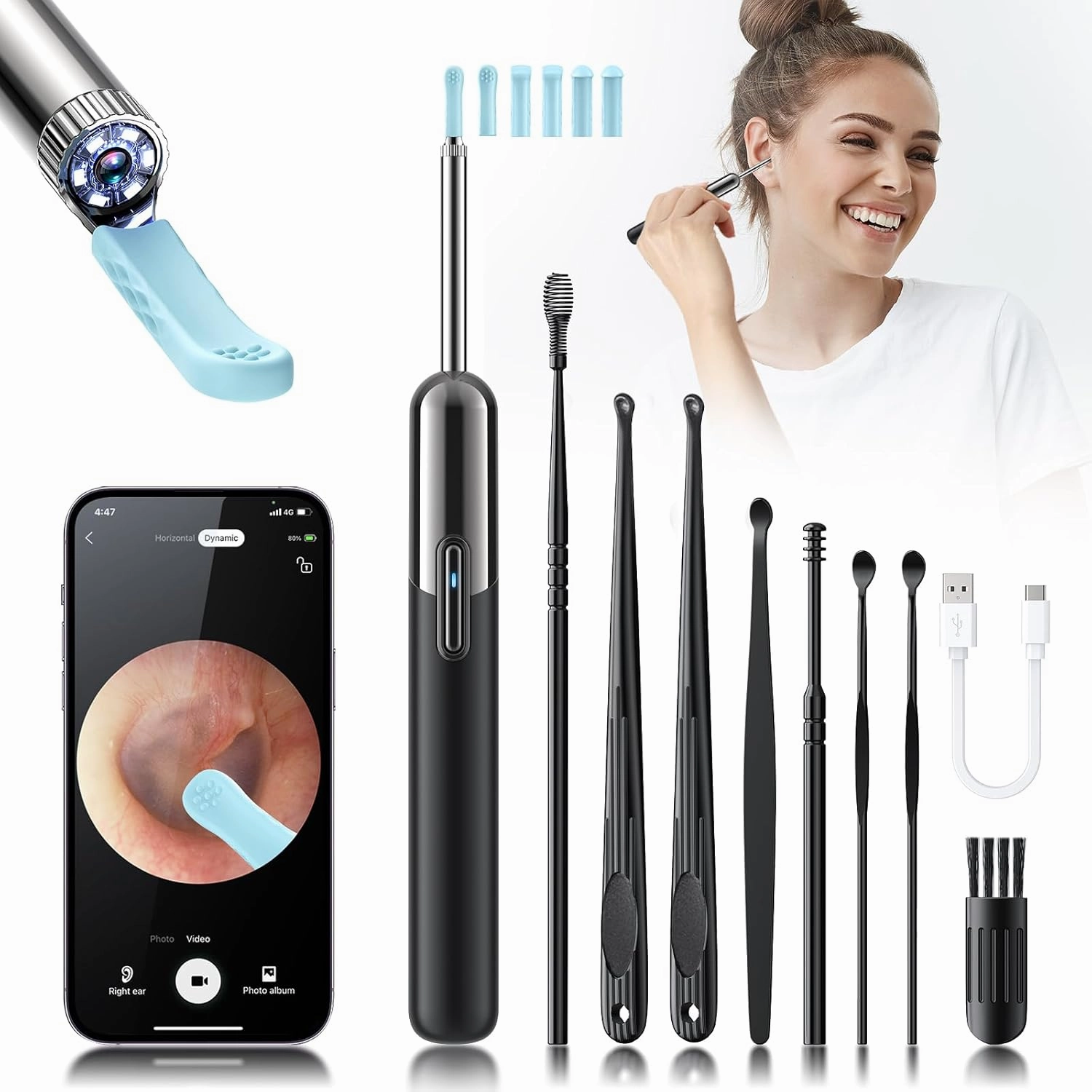 Ear Wax Removal Tool Camera - Ear Cleaner with Camera, Home Tool for Ear Wax Removal, 1080P HD Ear Camera Lens & 8 Pcs Ear Set - Ear Cleaning Kit with 6 Ear Pick